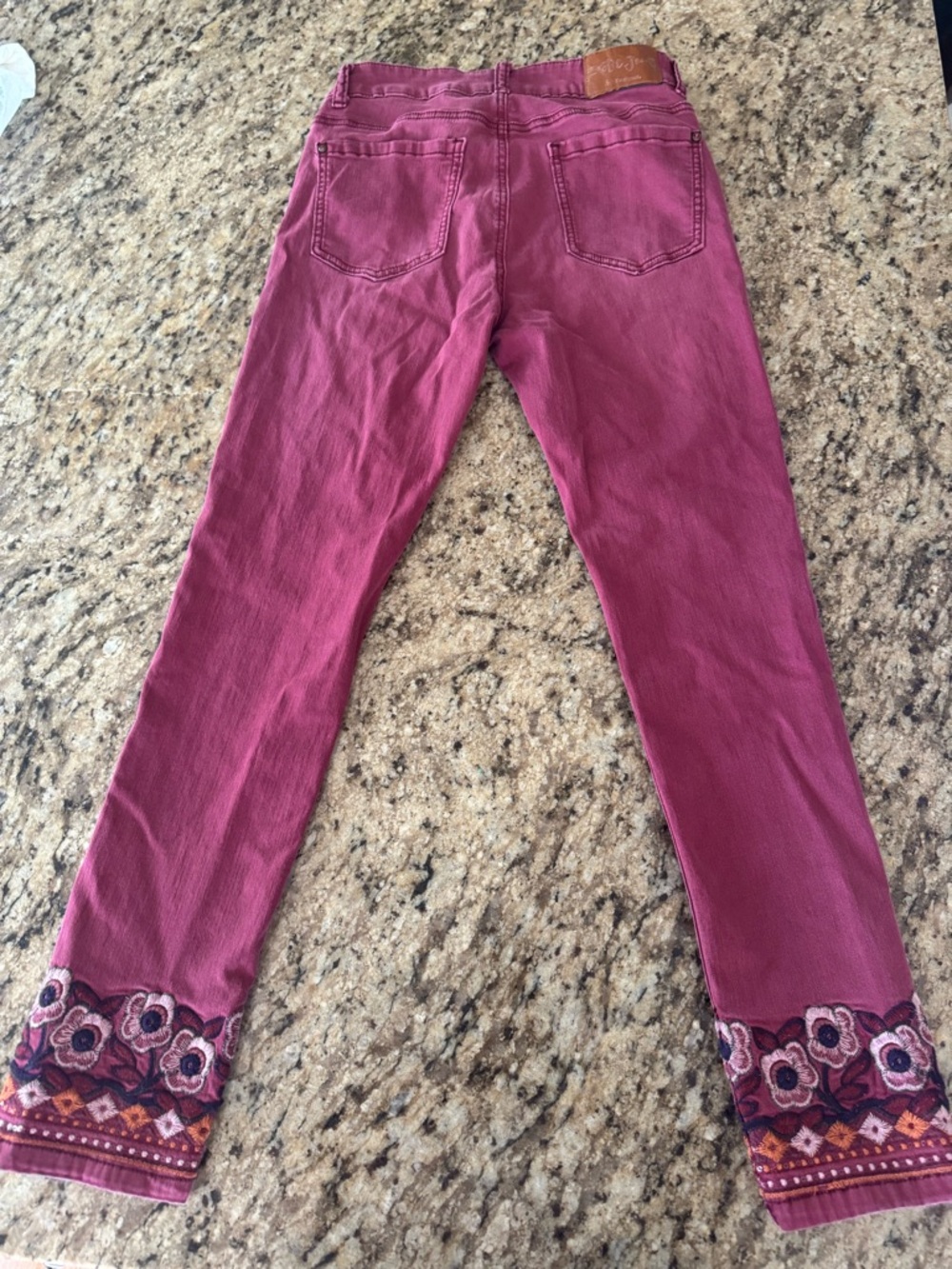 Desigual Dark Red Skinny Jeans with Embroidered Hem